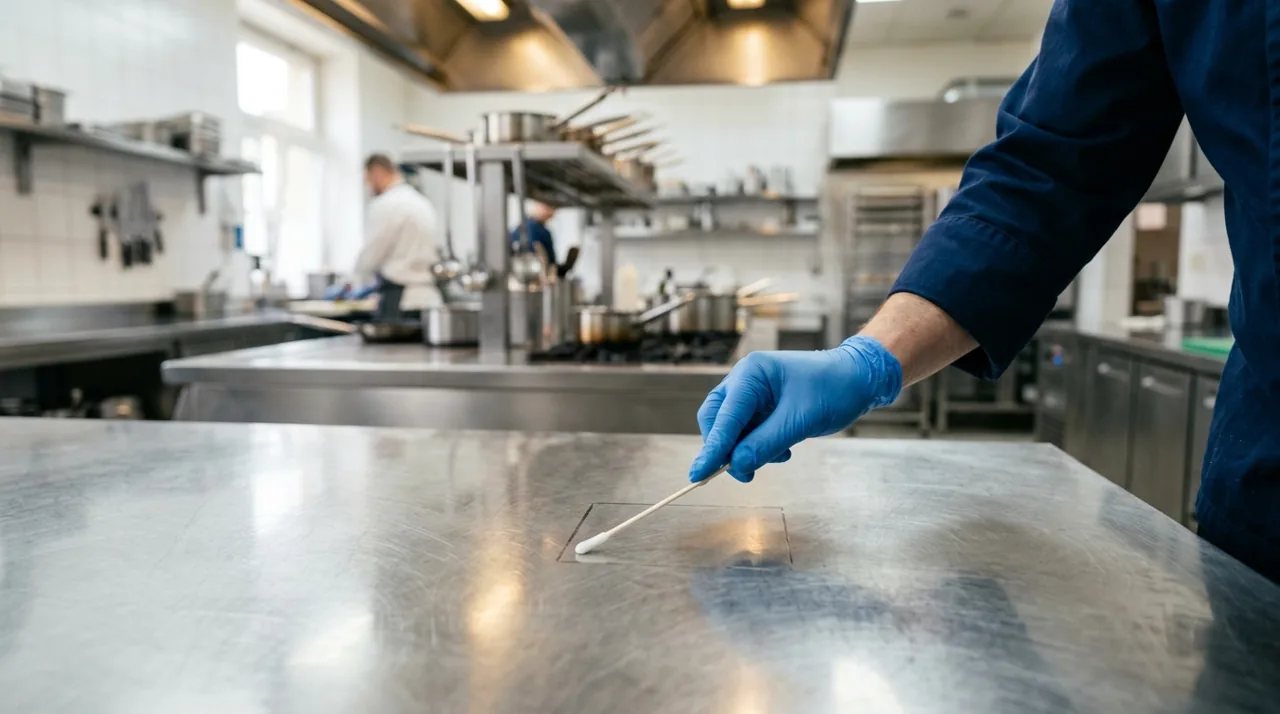 Prélèvement de surface sur un plan de travail de cuisine professionnelle